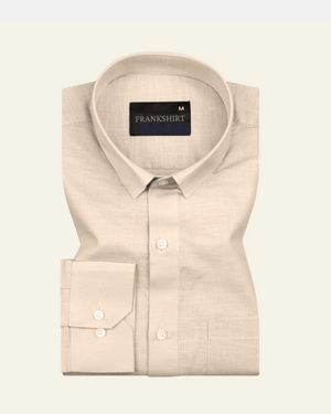 A cream-colored, long-sleeved linen shirt with a button-down collar, displayed against a white background.