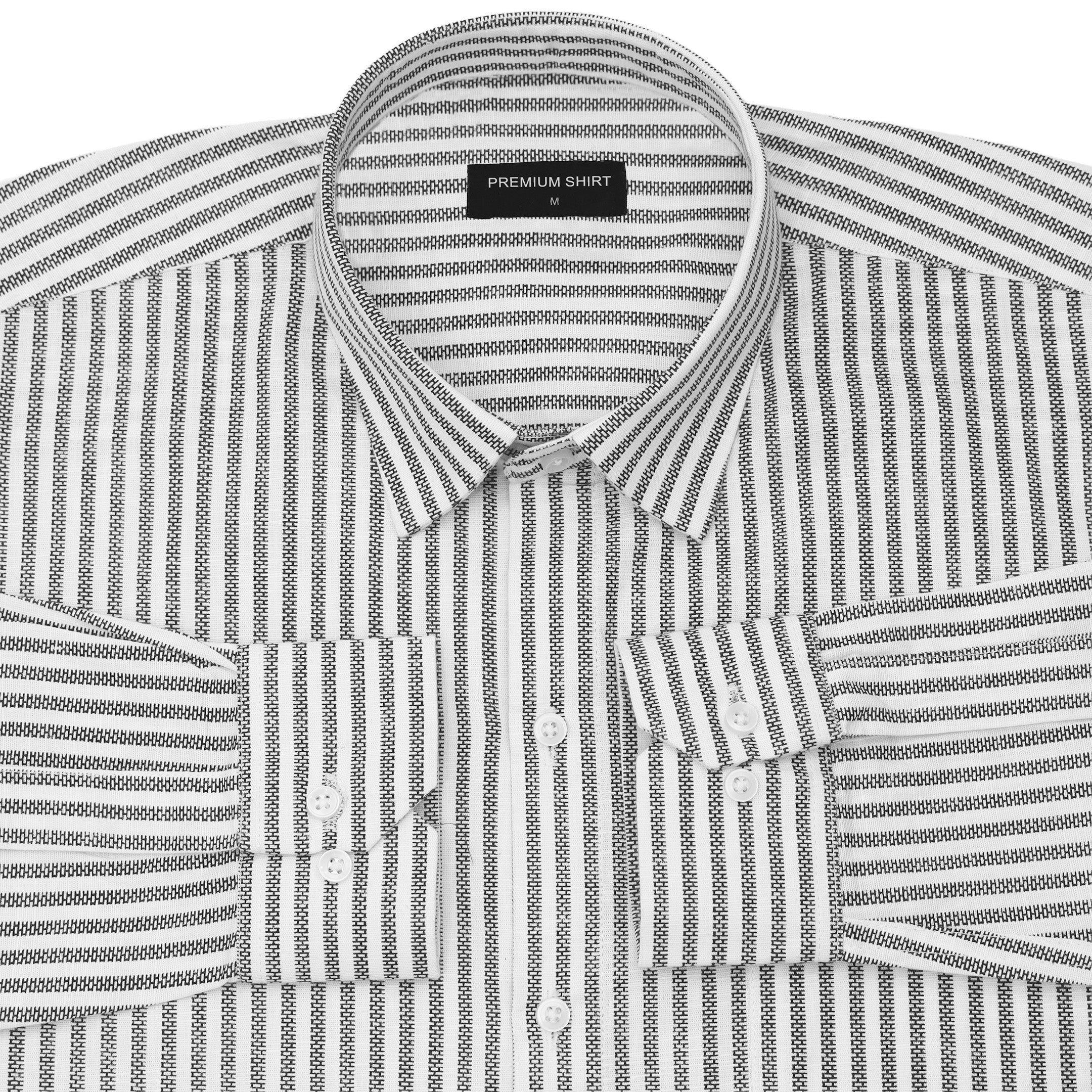 Folded black and white striped shirt with a 'Premium Shirt' label.