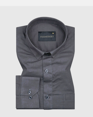 A dark grey, long-sleeved, button-down linen shirt by Frankshirt displayed against a white background.