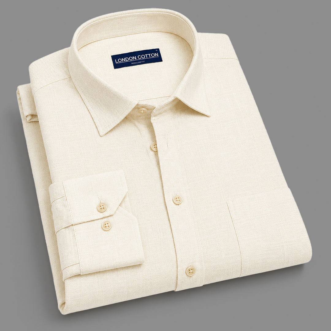 Cream Textured Linen Shirt For Men