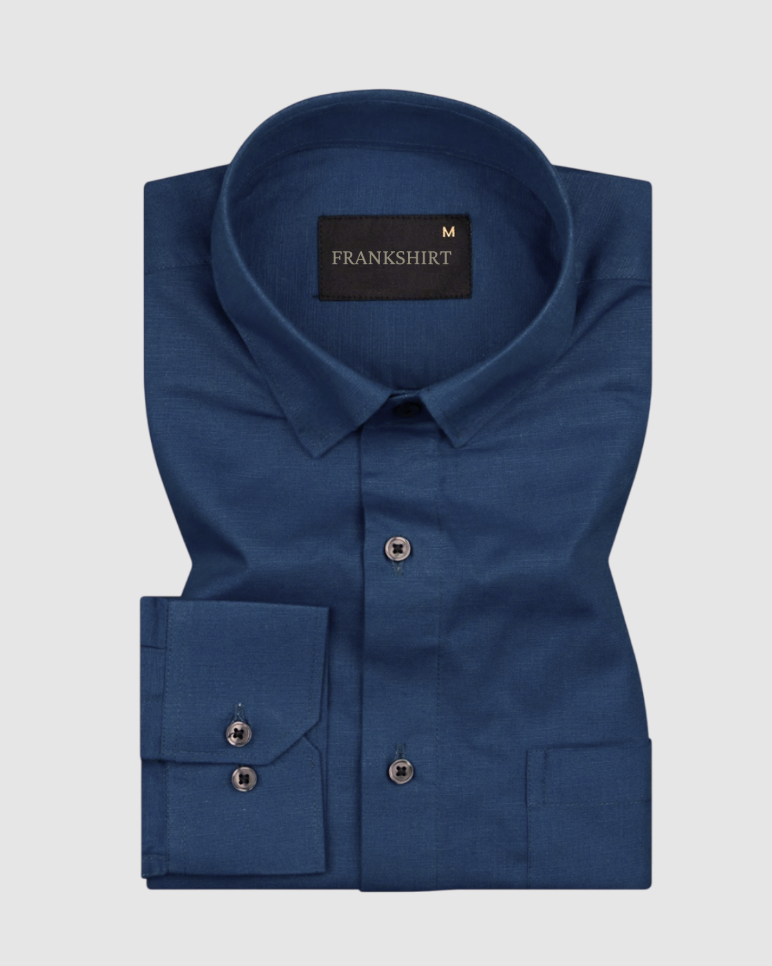 A navy blue, long-sleeved, button-down linen shirt by Frankshirt displayed on a white background.