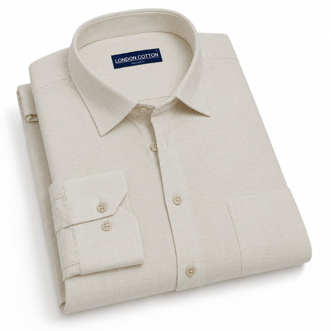 Beige Textured Linen Shirt For Men