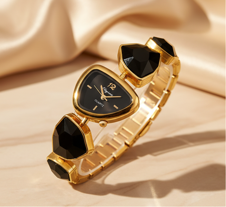 Black Crystal Gold-Tone Designer Watch