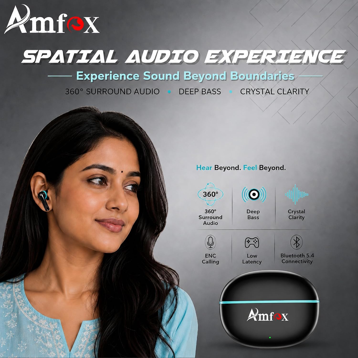 Amfox Raaya TWS Earbuds, 42 Hours Play Time, 4 Mic ENC, Complex Film Speakers, True Sound, 350 mAh Battery, IC Protection, 5.4v Bluetooth, 20Hz-20 KHz Frequency Response, IP65 Protection