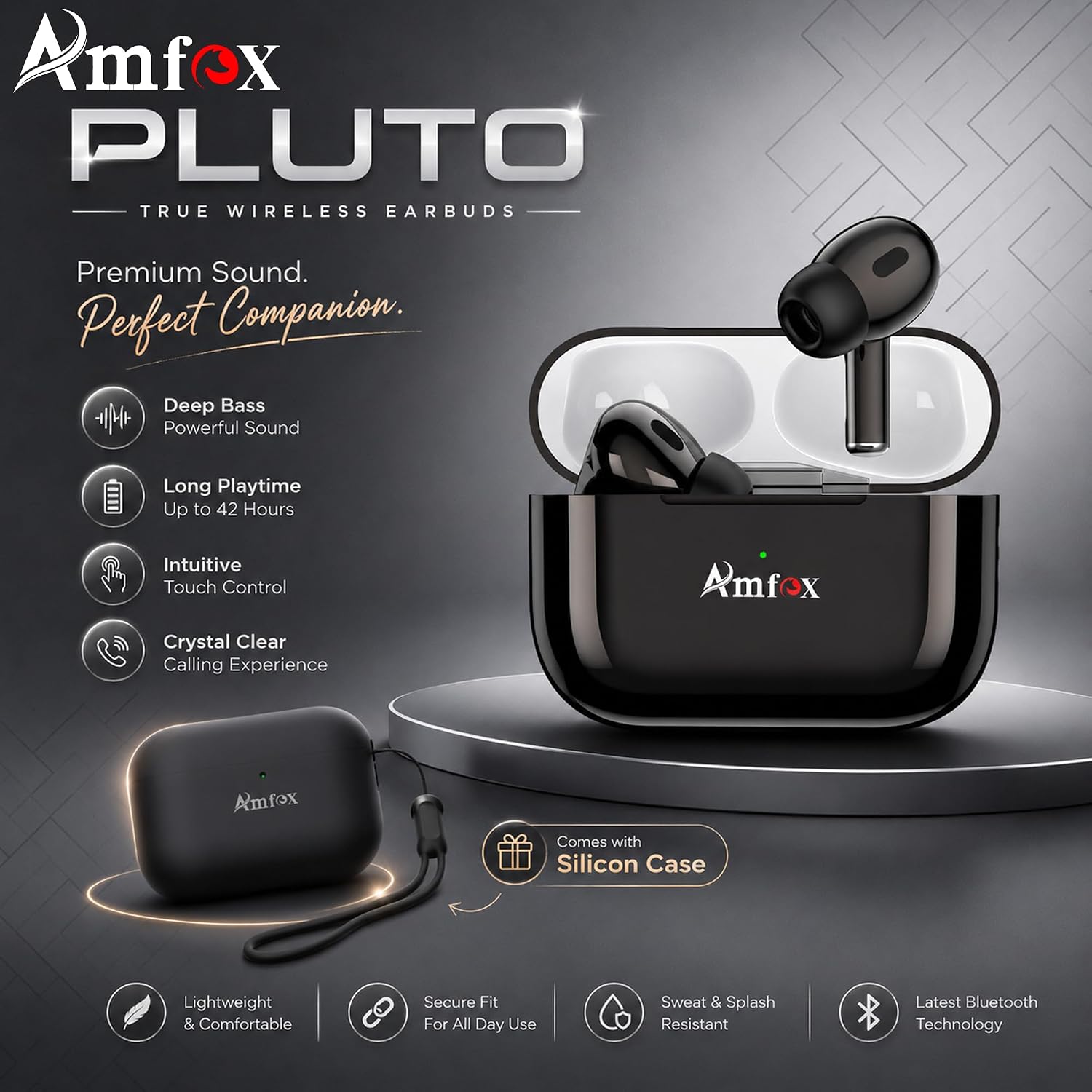 Amfox Pluto TWS Earbuds, 42 Hours Play Time, 4 Mic ENC, 10 MM Copper Ring Speakers, 350 mAh Battery with IC Protection, 5.4v Bluetooth, 20Hz to 20 KHz Frequency Response, IP65 Protection