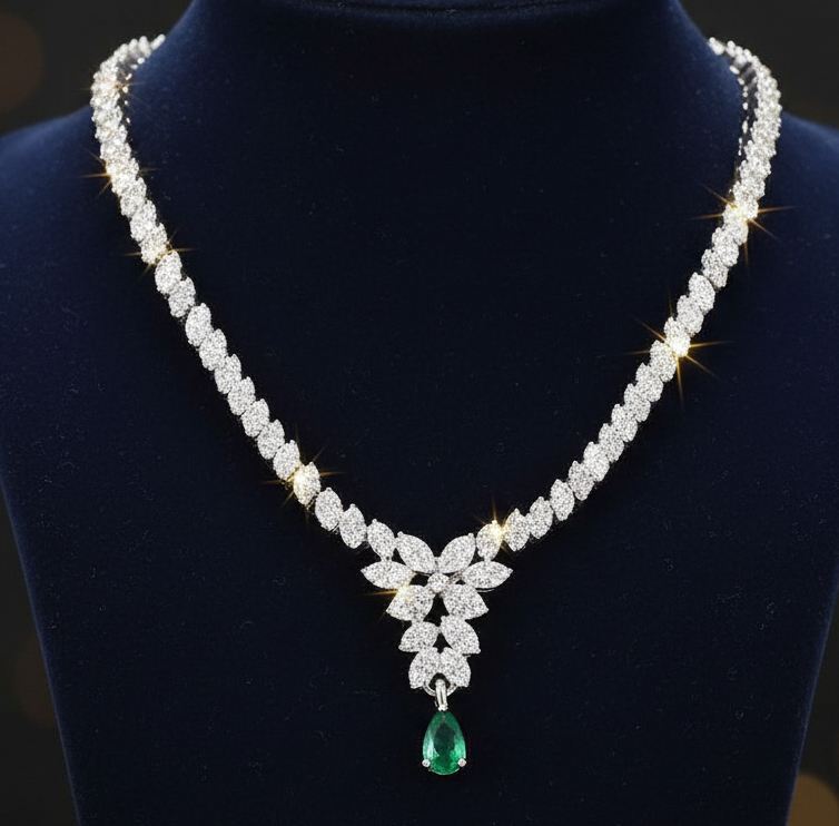 Jazz And Sizzle Silver Plated Opulent Green Crystal & AD Necklace