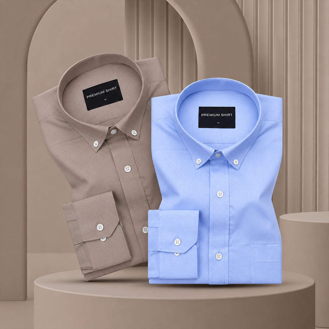 Pack of 2 Oxford Cotton Shirt For Men (Brown & Denim Blue)