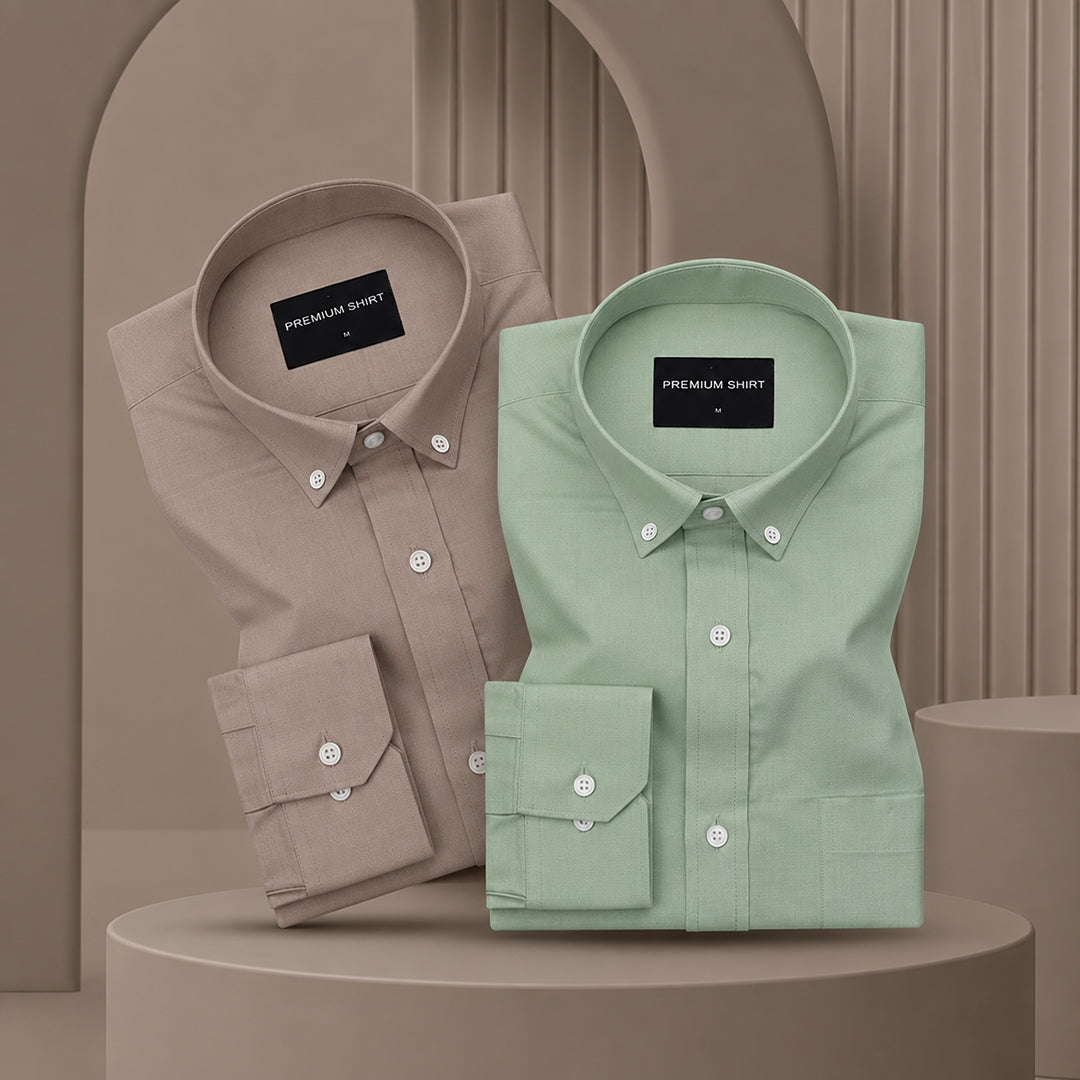 Pack of 2 Oxford Cotton Shirt For Men (Brown & Sea Green)