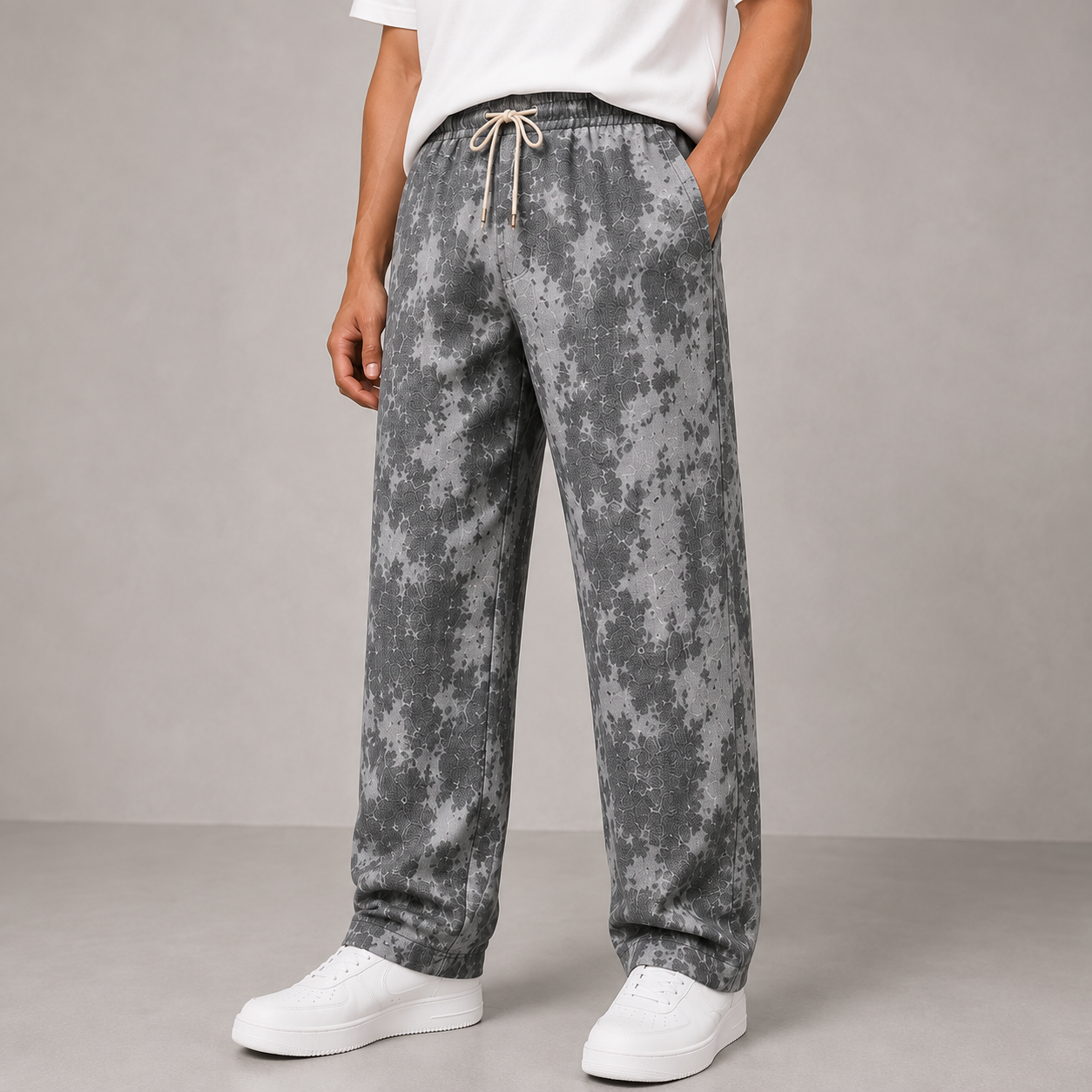 Men's Linen Blend Printed Track Pants | Straight Fit | Elastic Waist with Drawstring | Soft Breathable Casual Lounge Pants