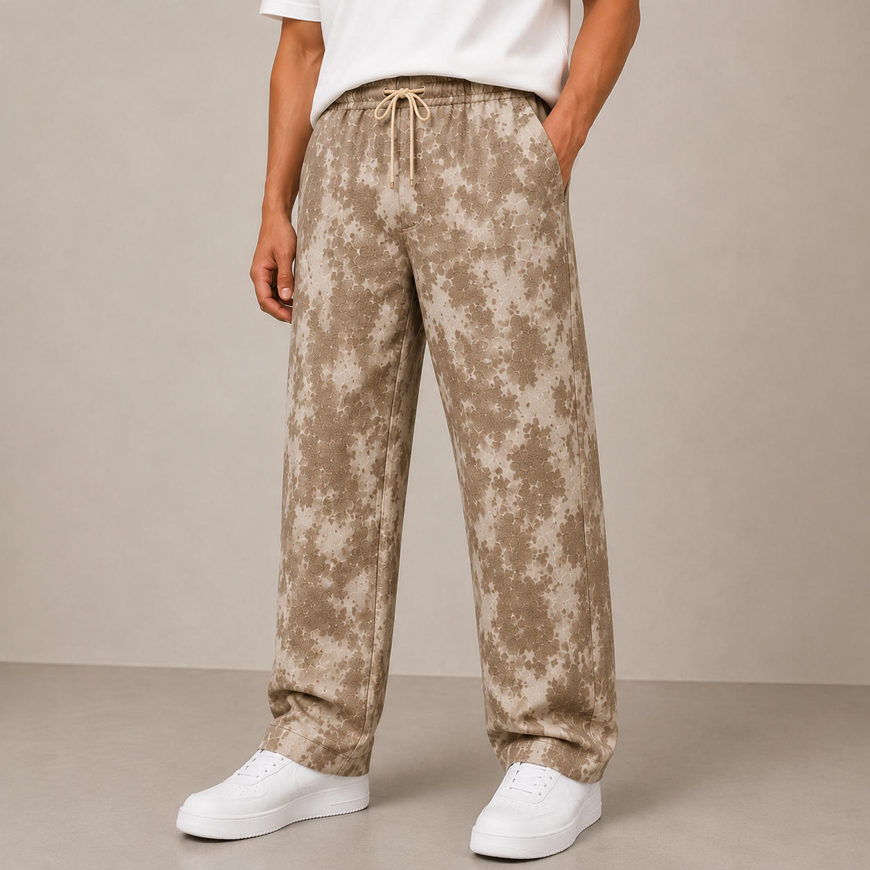 Men's Linen Blend Printed Track Pants | Straight Fit | Elastic Waist with Drawstring | Soft Breathable Casual Lounge Pants