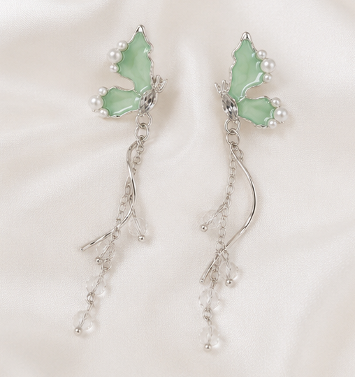 Jazz & Sizzle Mint Green Butterfly Dangle Earrings with Crystal & Pearl Accents