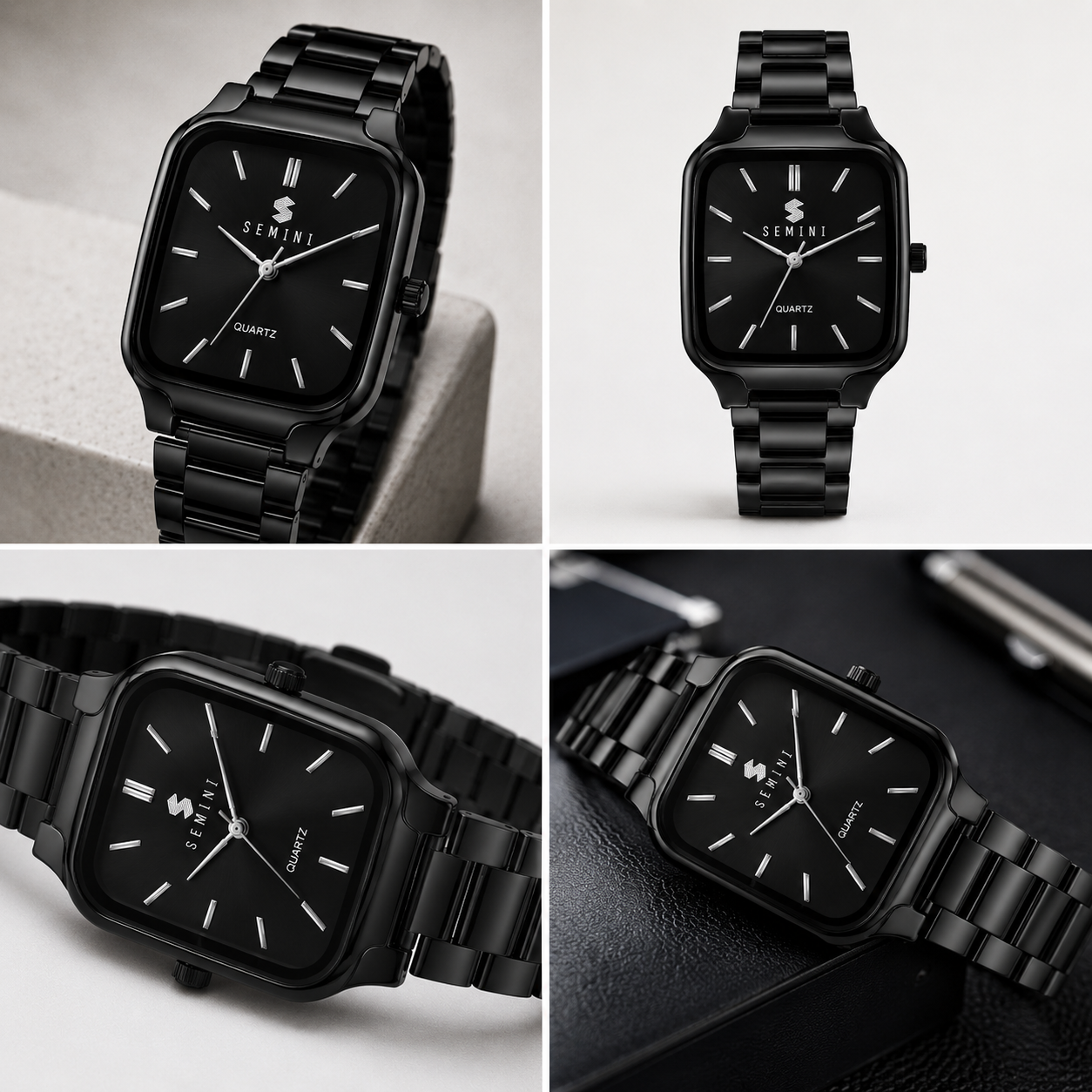 Semini Obsidian Square Black Analog Watch for Men | Premium Metal Strap | Quartz Movement