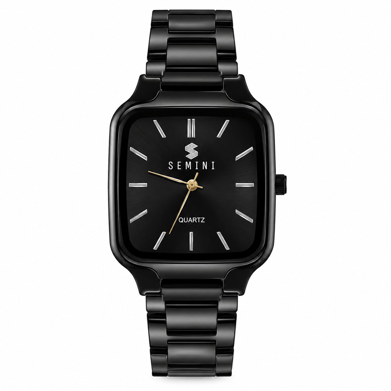 Semini Obsidian Square Black Analog Watch for Men | Premium Metal Strap | Quartz Movement