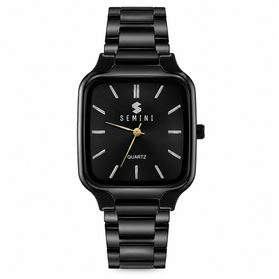 Semini Obsidian Square Black Analog Watch for Men | Premium Metal Strap | Quartz Movement