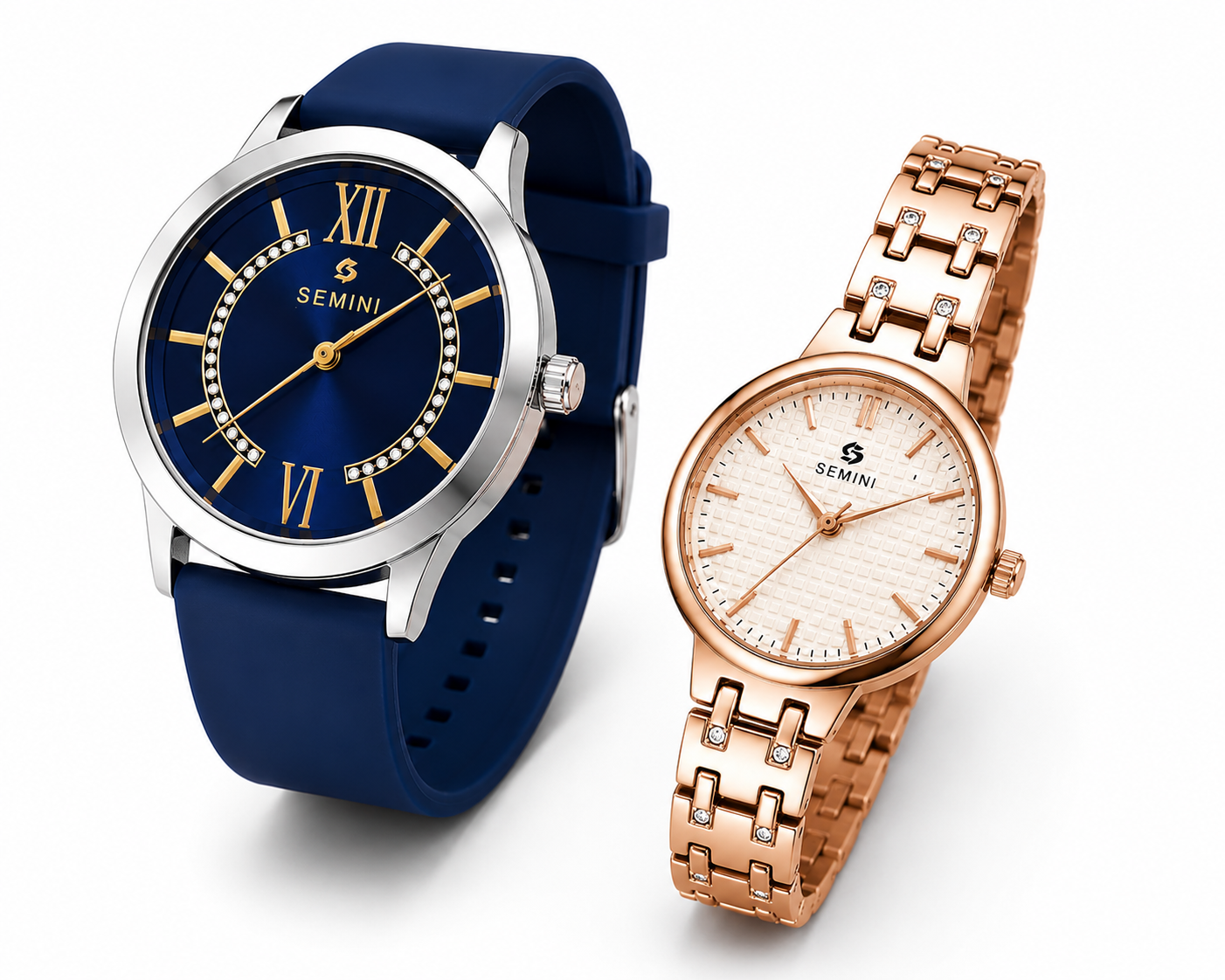 Semini Royal Blue & Semini Rose Gold Premium Couple Watch Combo | Quartz Analog Watches | Gift Set (Pack of 2)