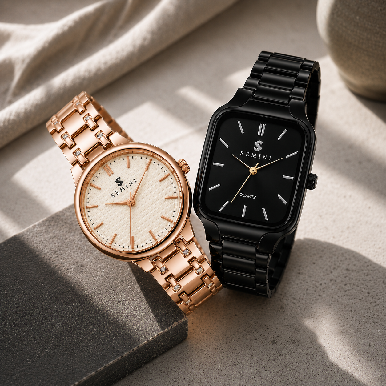 Midnight Black & Rose Gold Premium Couple Watch Combo | Quartz Analog Watches | Elegant Gift Set (Pack of 2)