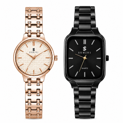 Midnight Black & Rose Gold Premium Couple Watch Combo | Quartz Analog Watches | Elegant Gift Set (Pack of 2)