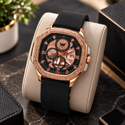 Elite Luxury Rose Gold Skeleton Dial Analog Watch for Men – Black Silicone Strap