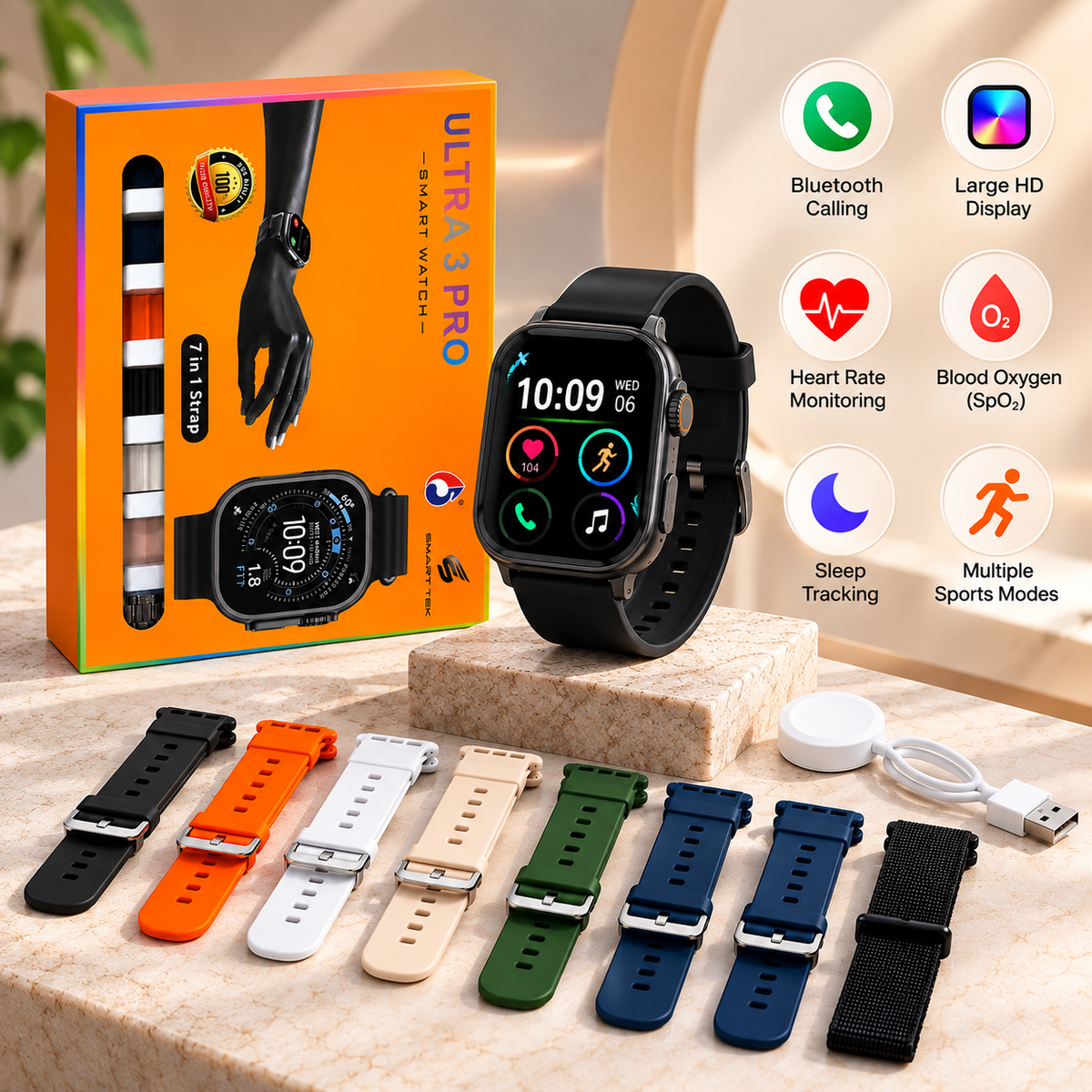 Ultra 3 Pro smartwatch with 7 interchangeable straps