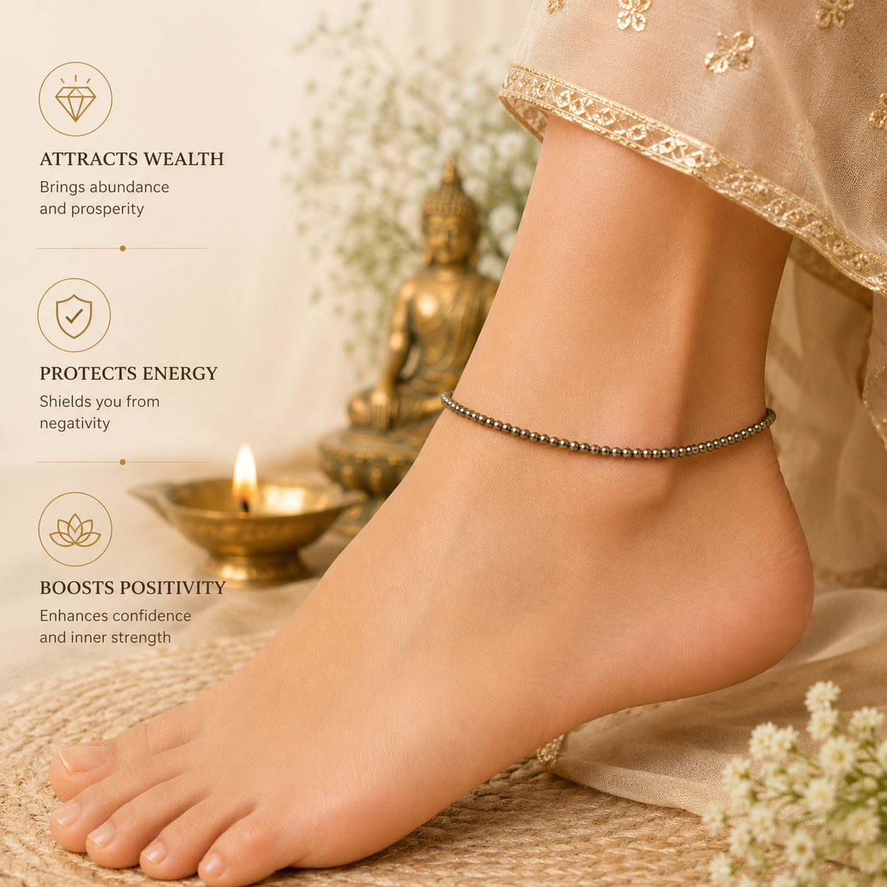 Pyrite Crystal Anklet for Women | Natural Healing Stone Payal | Adjustable Lucky Anklet for Wealth, Protection & Positive Energy | Spiritual Crystal Jewellery