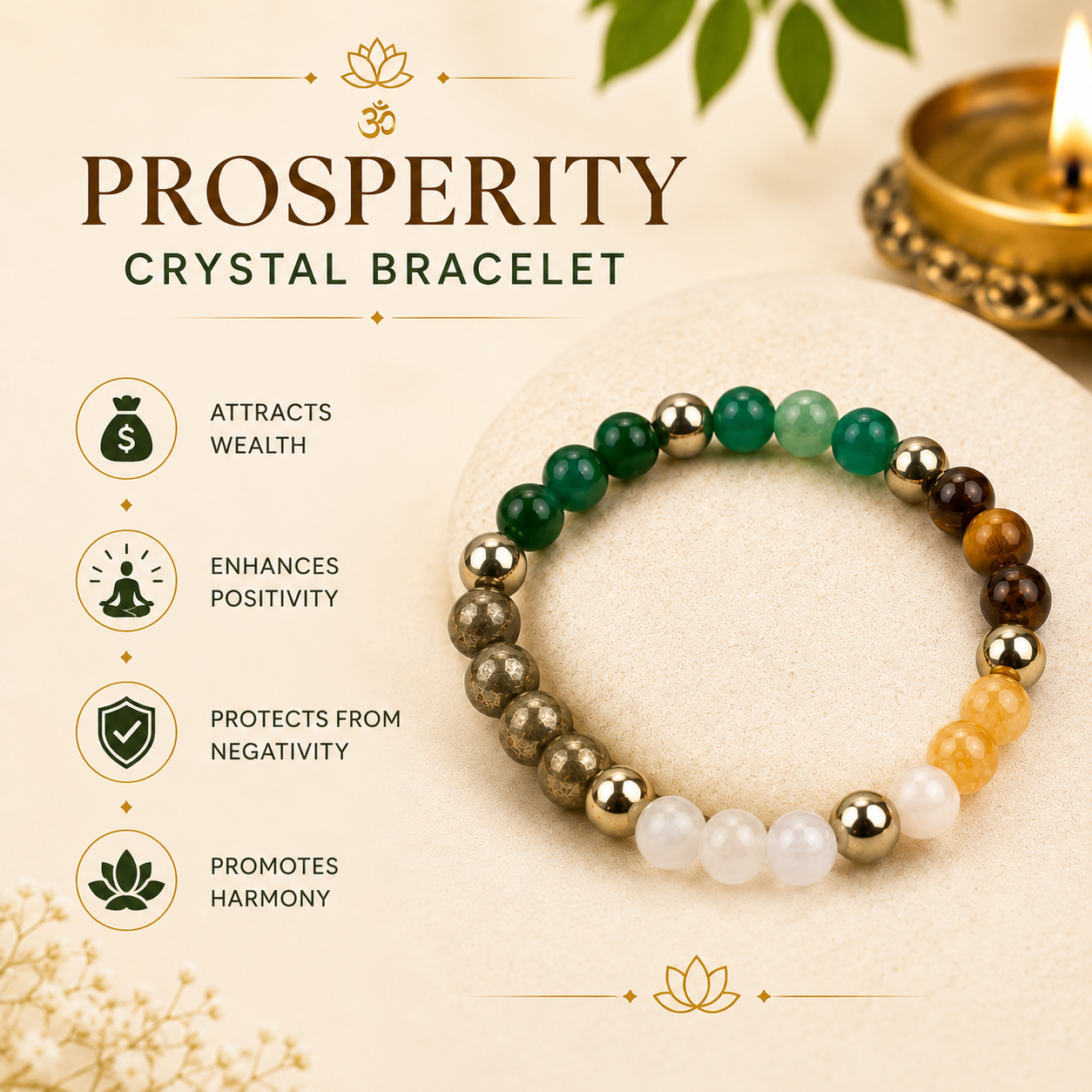 Prosperity Crystal Bracelet | Natural Healing Stone Bracelet for Wealth, Prosperity, Positive Energy & Good Luck | Unisex Stretch Bracelet