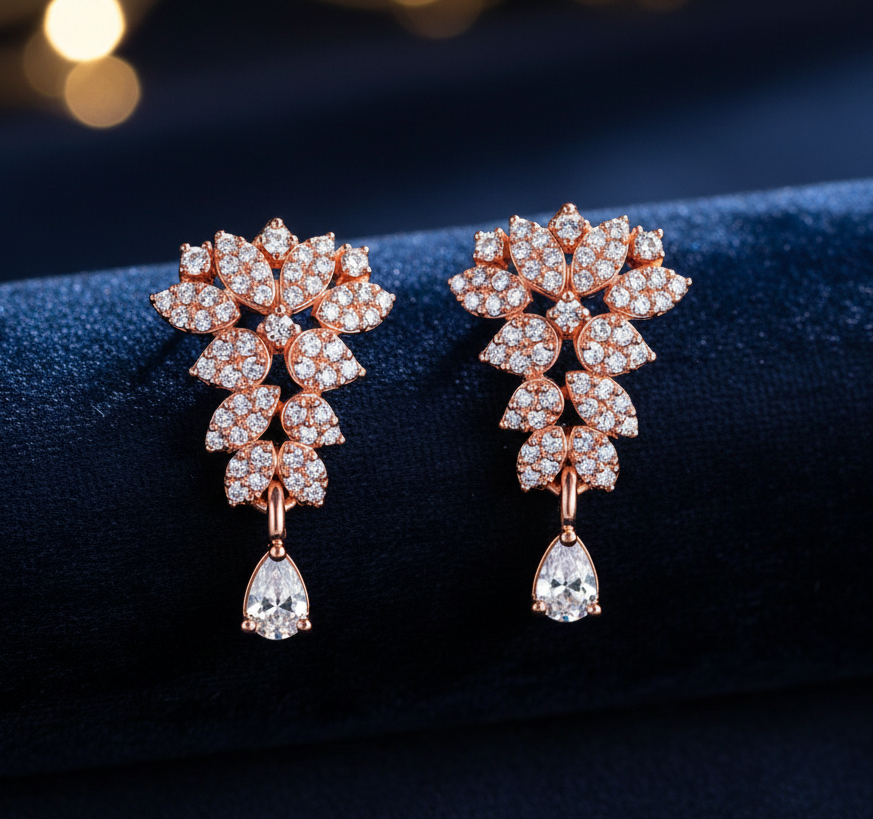 Jazz And Sizzle Rose Gold Floral Crystal Drop Earrings for Women