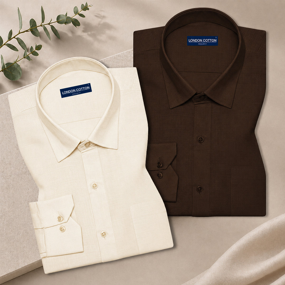 Pack of 2 Textured Linen Shirts (Cream & Brown)