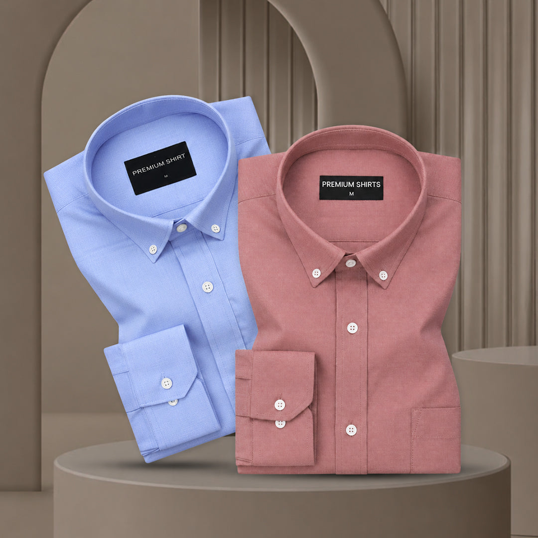 Pack of 2 Oxford Cotton Shirt For Men (Denim Blue & Maroon)