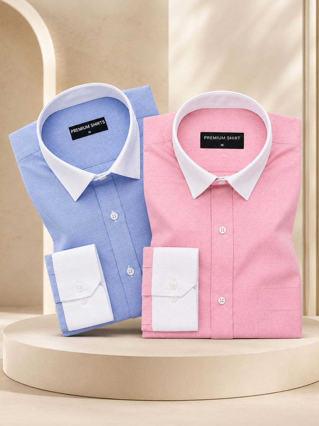 Pack of 2 White Collar Oxford Cotton Shirt For Men (Denim Blue & Pink)