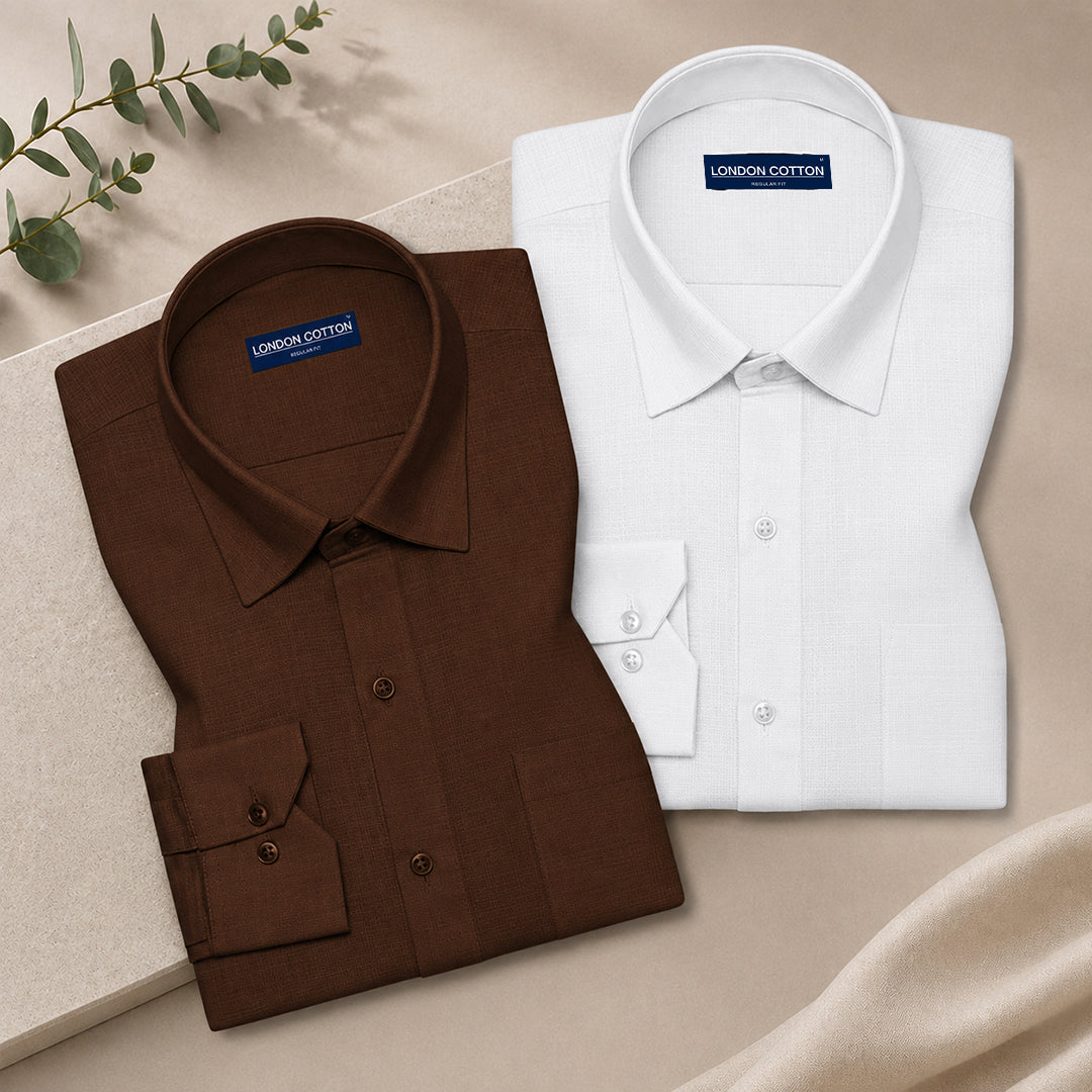 Pack of 2 Textured Linen Shirts (Dusty Brown & White)