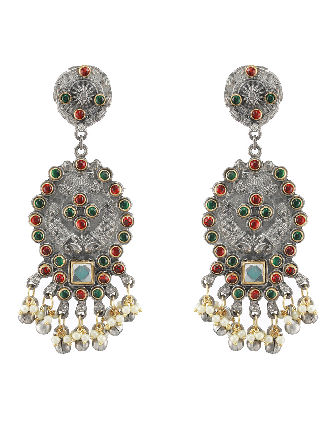 Red & Green Kundan Studded & Beaded Dual Toned Drop Earrings - Jazzandsizzle