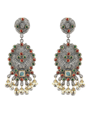 Red & Green Kundan Studded & Beaded Dual Toned Drop Earrings - Jazzandsizzle