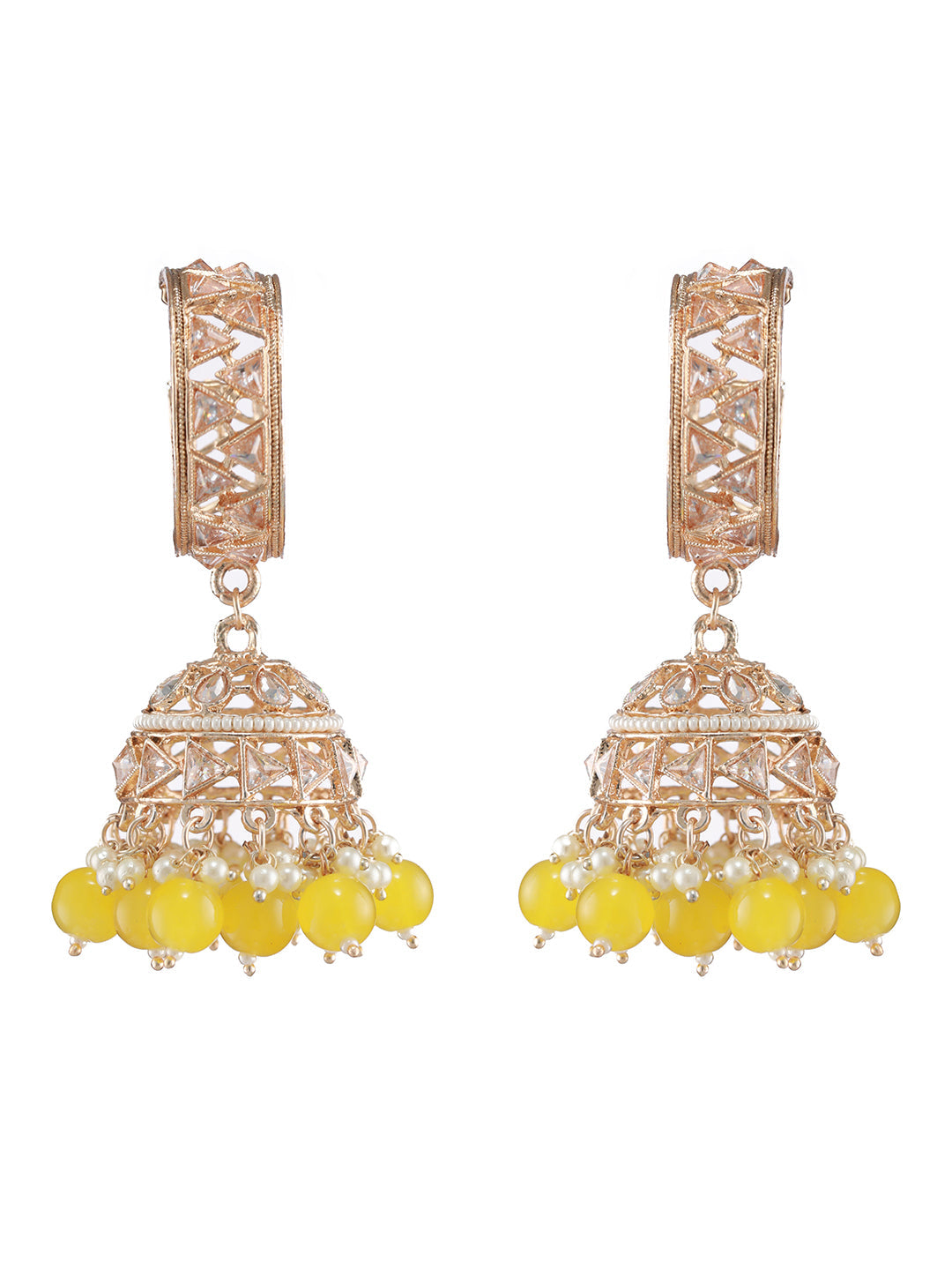 Rose-Gold Plated AD Studded Yellow & White Beaded Jhumka Earrings - Jazzandsizzle