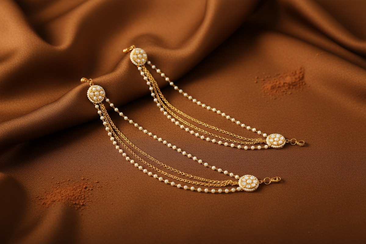 Jazz And Sizzle Gold Plated Artificial Stone Studded & Beaded Layered Ear Chain/ Kaan Chain