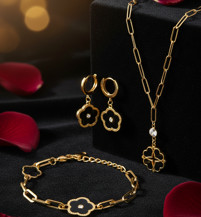 Jazz And Sizzle Set of Elegant Black Clover Jewellery Set with Necklace, Earrings & Bracelet