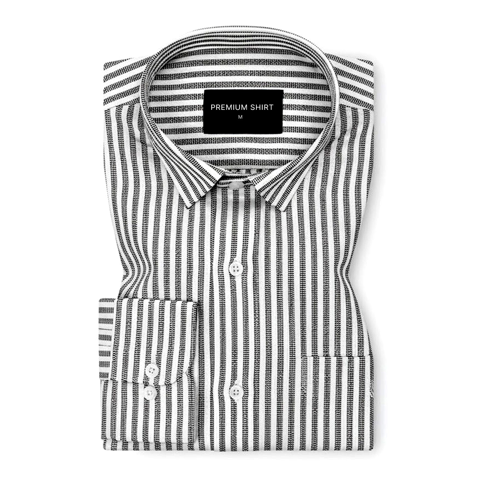 Folded black and white striped shirt with a visible brand label on a white background