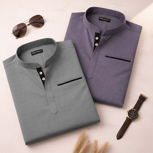 Pack Of 2 Urban Fit Grey & Purple Short Linen Kurta For Men