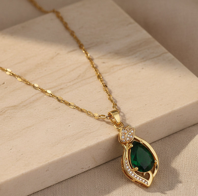 Jazz And Sizzle Gold Plated Green Teardrop Crystal Pendant Necklace for Women