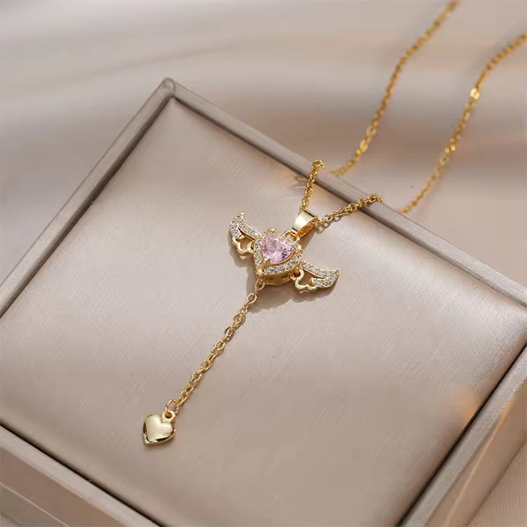 Jazz And Sizzle 18k Gold Plated Luxury Design Zircon Pink Stone Love Tassel Necklace