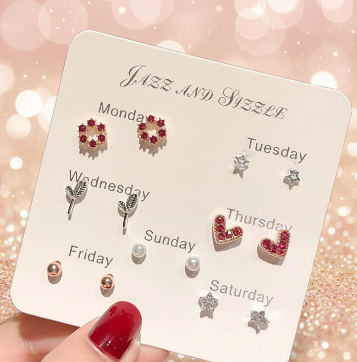 Jazz And Sizzle 7 Days Theme Multi Design Stud Earrings Set for Women & Girl (Monday to Sunday)