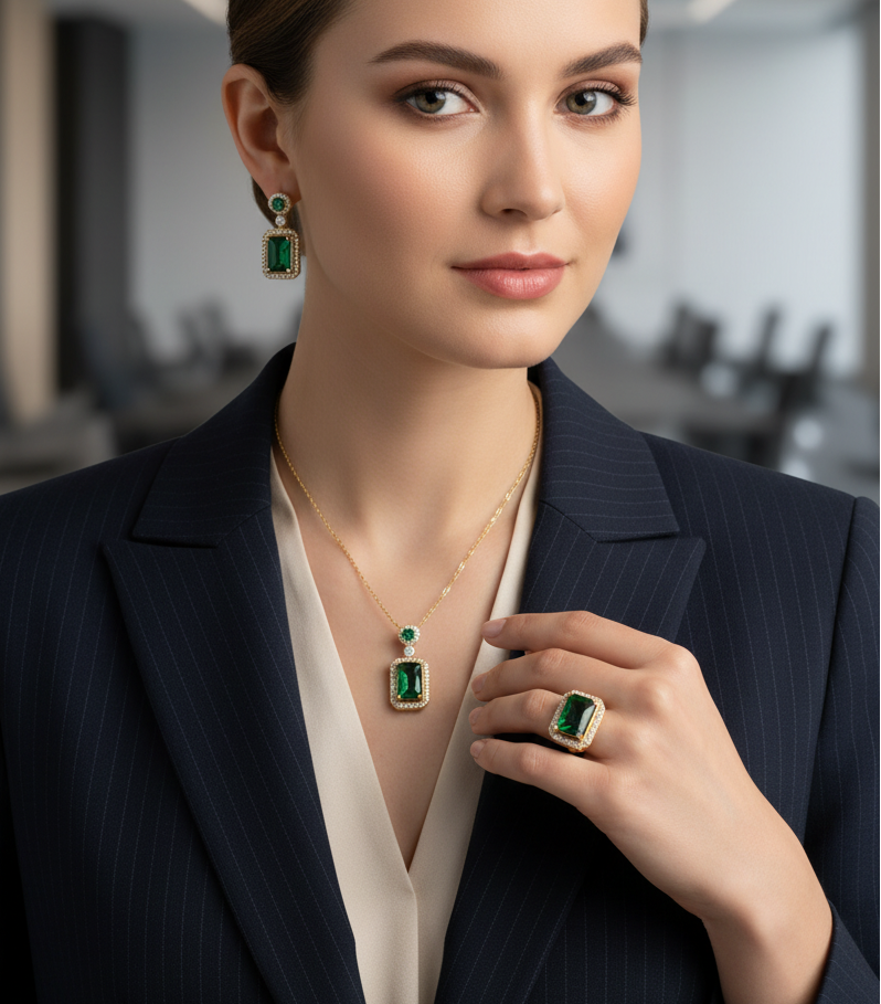 Jazz And Sizzle Elegant Gold Plated Pendant Necklace Set with Matching Earrings & Ring for Women