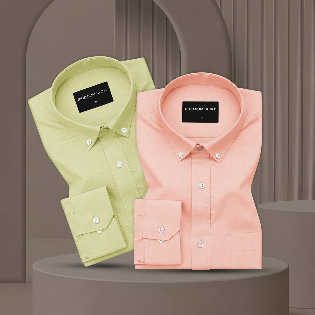 Pack of 2 Oxford Cotton Shirt For Men (Lime Green & Peach)