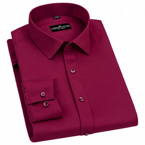 Folded magenta dress shirt with a visible brand label on a white background