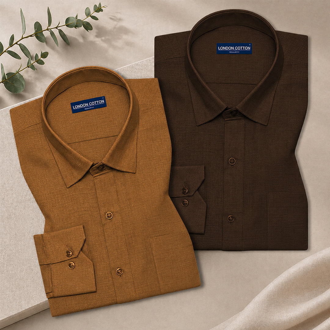 Pack of 2 Textured Linen Shirts (Mehendi & Brown)