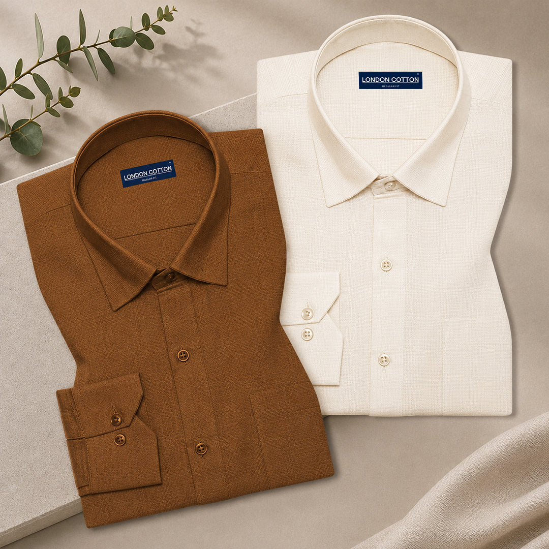 Pack of 2 Textured Linen Shirts (Mehendi & Cream)