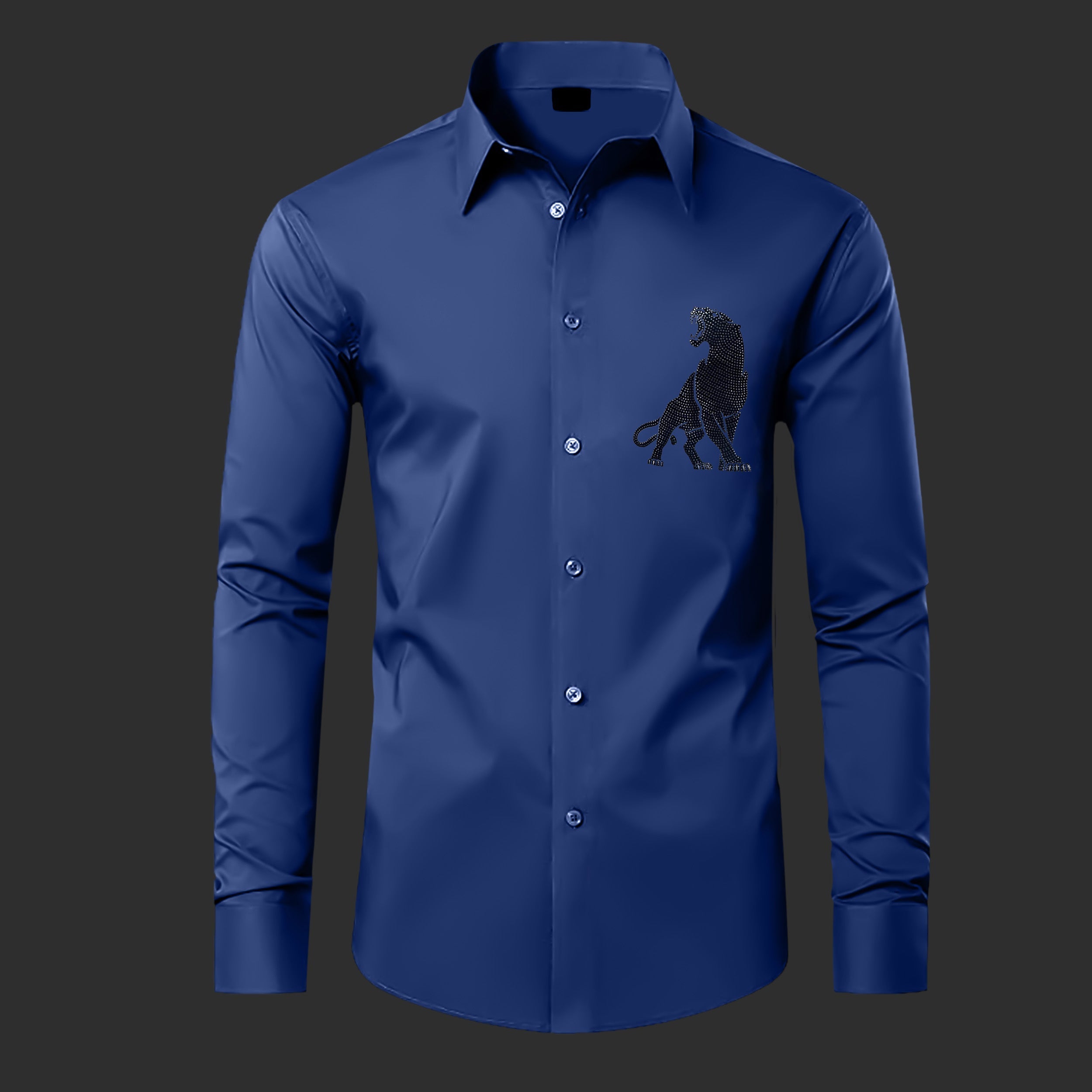 Blue shirt with a black panther design on a dark background