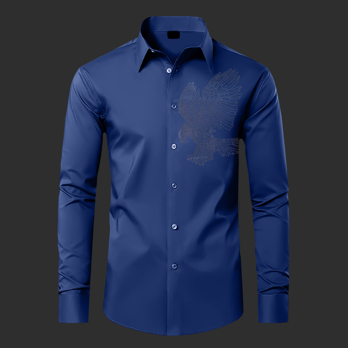 Blue dress shirt with a decorative eagle emblem on a dark background