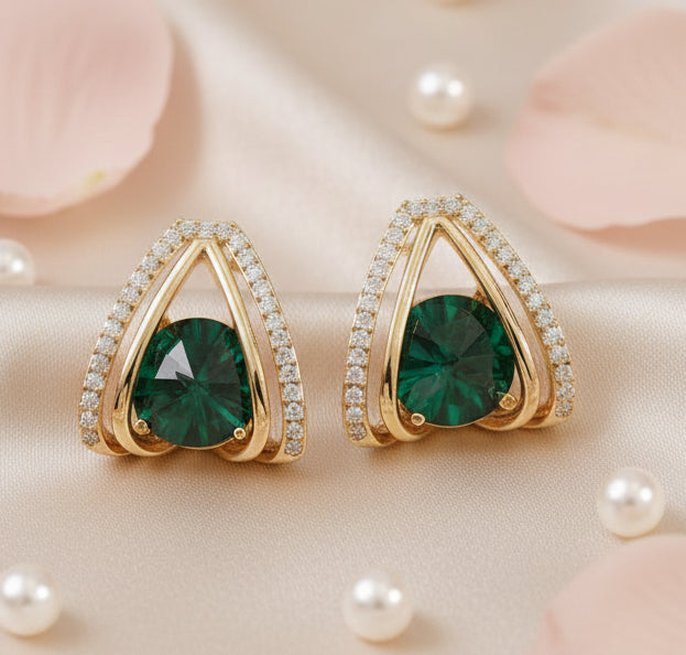 Jazz And Sizzle Green Gemstones & Zircons Gold Plated Stud Earrings