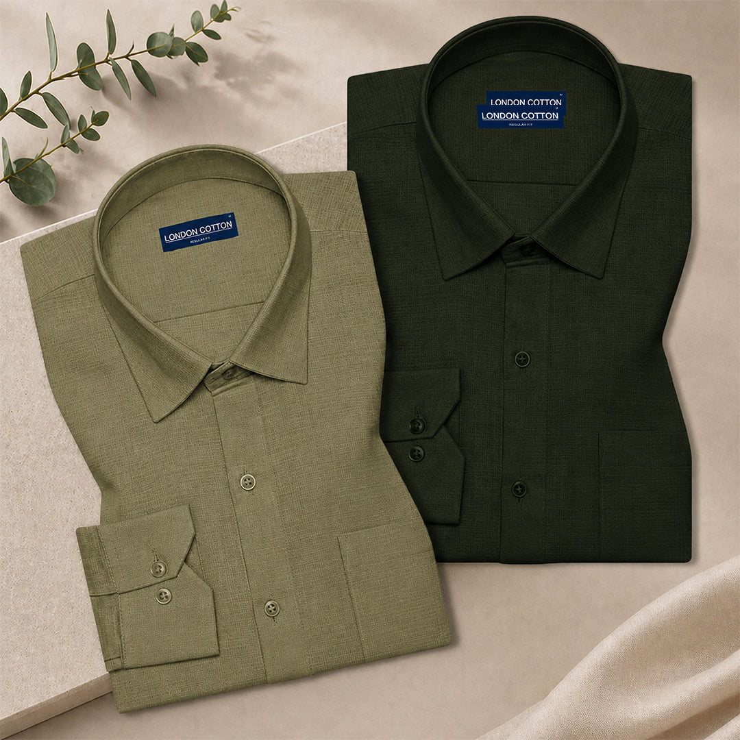 Pack of 2 Textured Linen Shirts (Olive & Bottle Green)