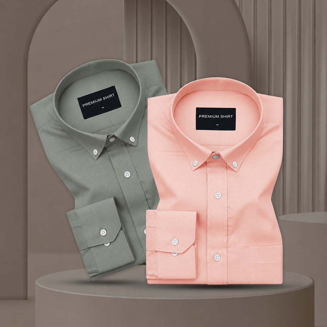 Pack of 2 Oxford Cotton Shirt For Men (Olive &Peach)